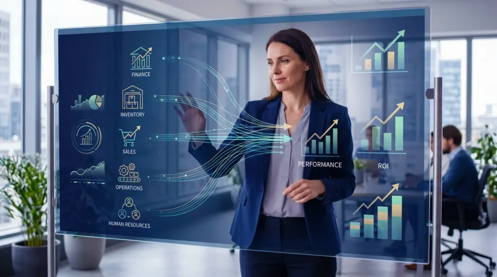 Manager analizând un dashboard ERP cu indicatori de costuri, beneficii și rentabilitatea investiției